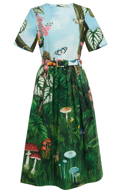 Oscar de la Renta Botanical Forest Print Stretch Poplin Midi Dress - Runway Catalog