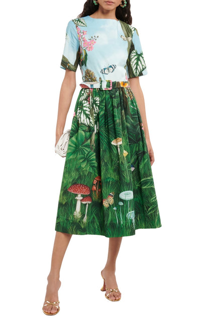 Oscar de la Renta Botanical Forest Print Stretch Poplin Midi Dress - Runway Catalog