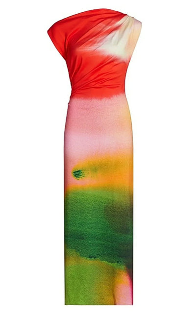 Oscar de la Renta Draped Watercolor - Print Jersey Midi Dress - Runway Catalog