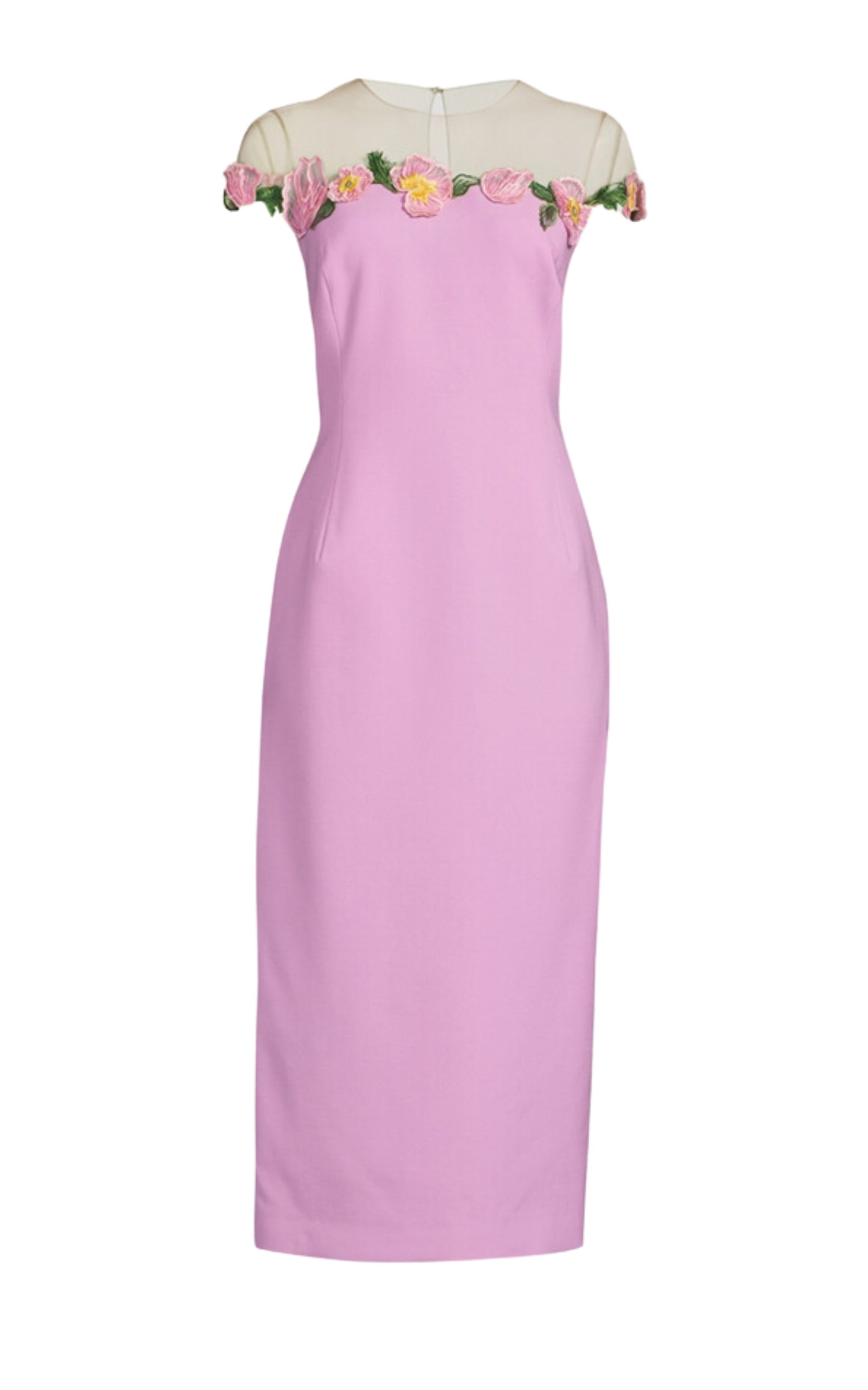 Oscar de la Renta Poppies Illusion Neck Pencil Wool Pink Midi Dress