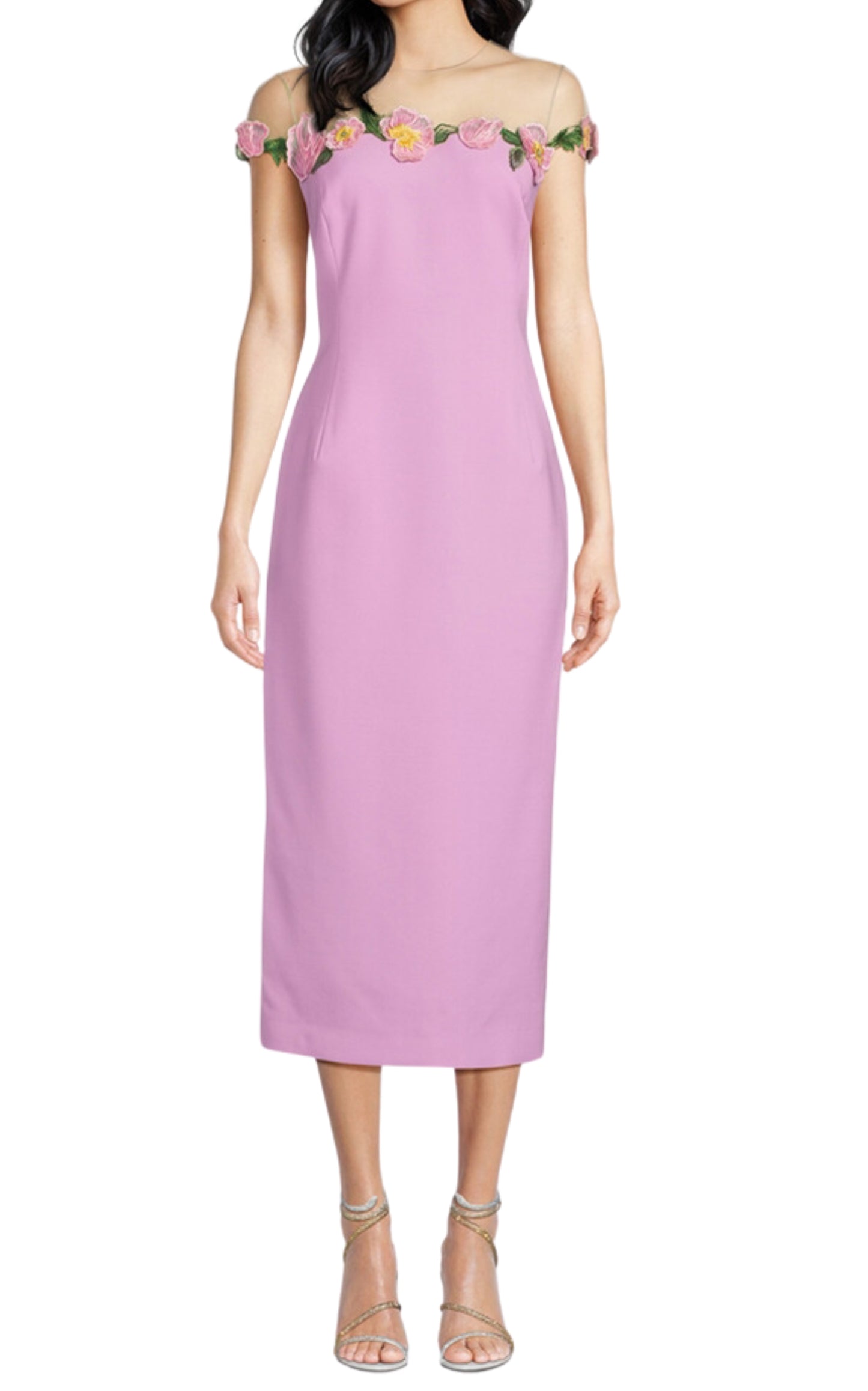 Oscar de la Renta Poppies Illusion Neck Pencil Wool Pink Midi Dress