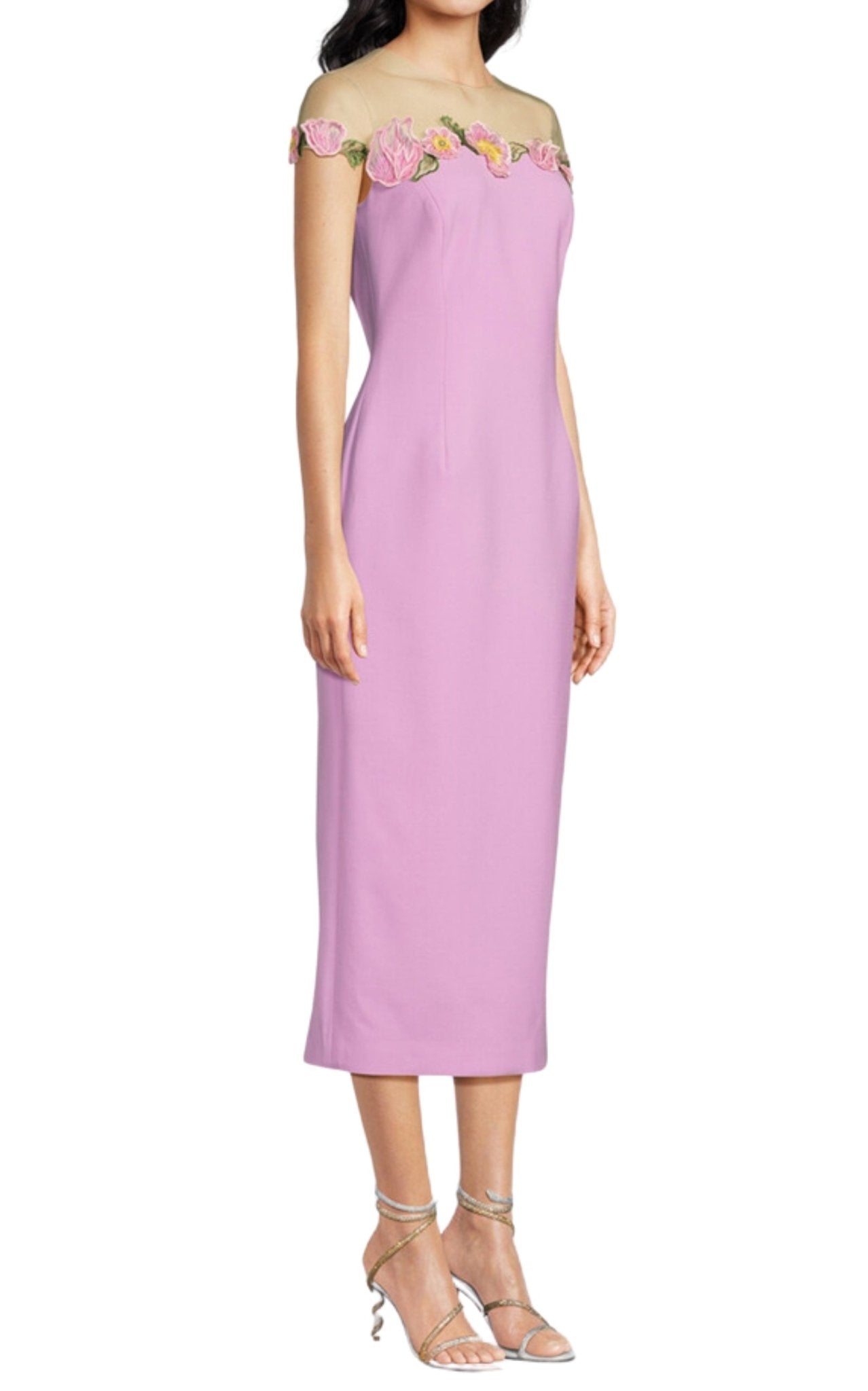 Oscar de la Renta Poppies Illusion Neck Pencil Wool Pink Midi Dress - Runway Catalog
