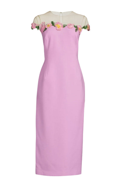 Oscar de la Renta Poppies Illusion Neck Pencil Wool Pink Midi Dress - Runway Catalog