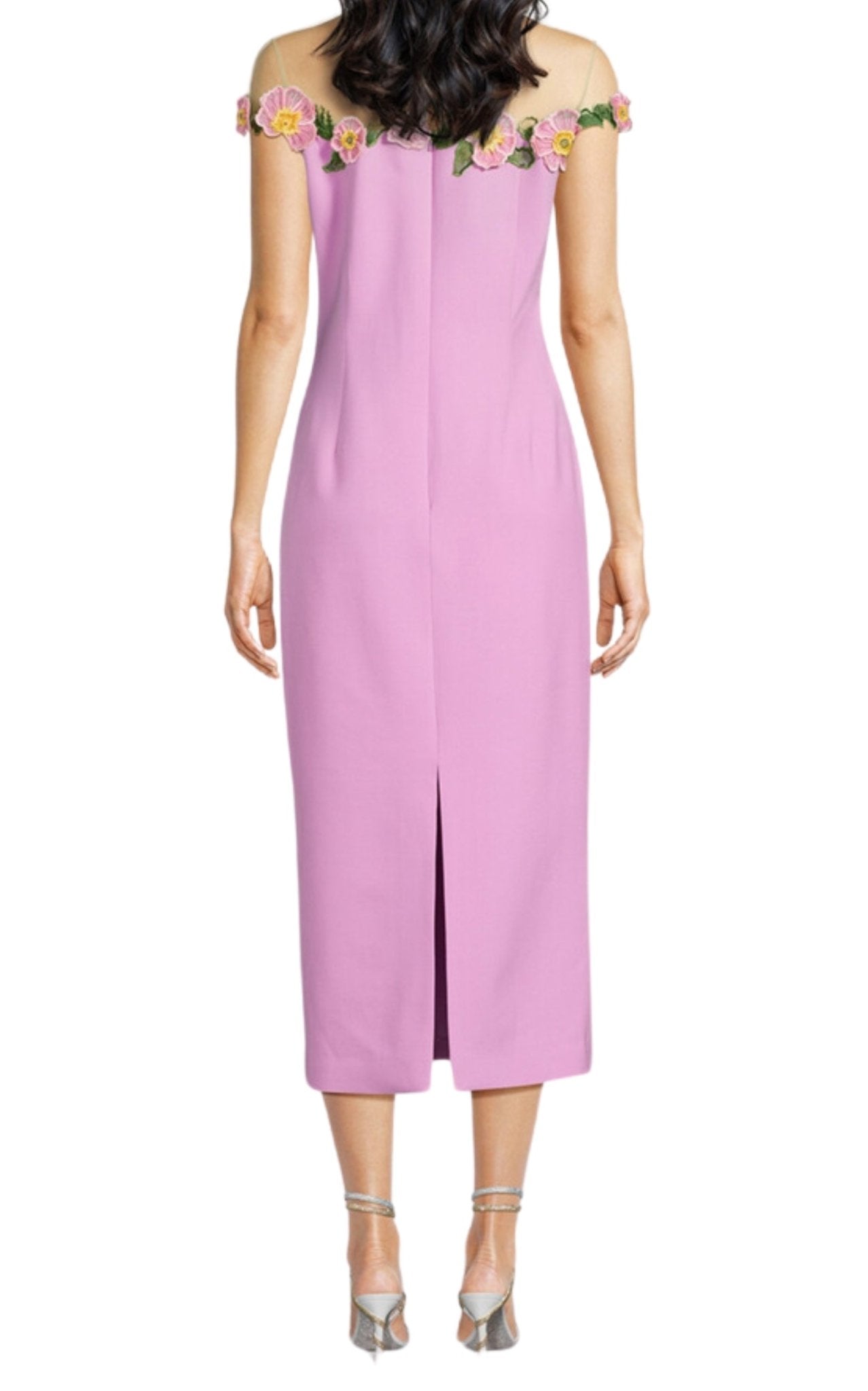 Oscar de la Renta Poppies Illusion Neck Pencil Wool Pink Midi Dress - Runway Catalog