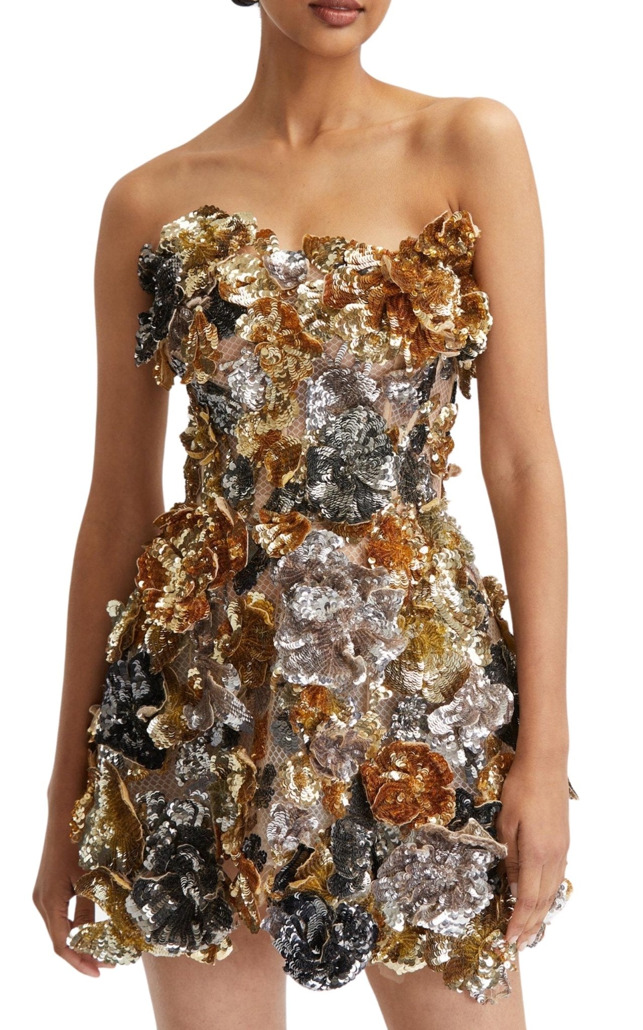 Oscar de la Renta Strapless Floral Sequin Embroidered Cocktail Mini Dress - Runway Catalog