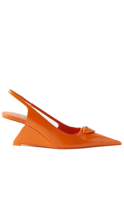 Triangle-logo Leather Slingback Wedge Pumps Prada