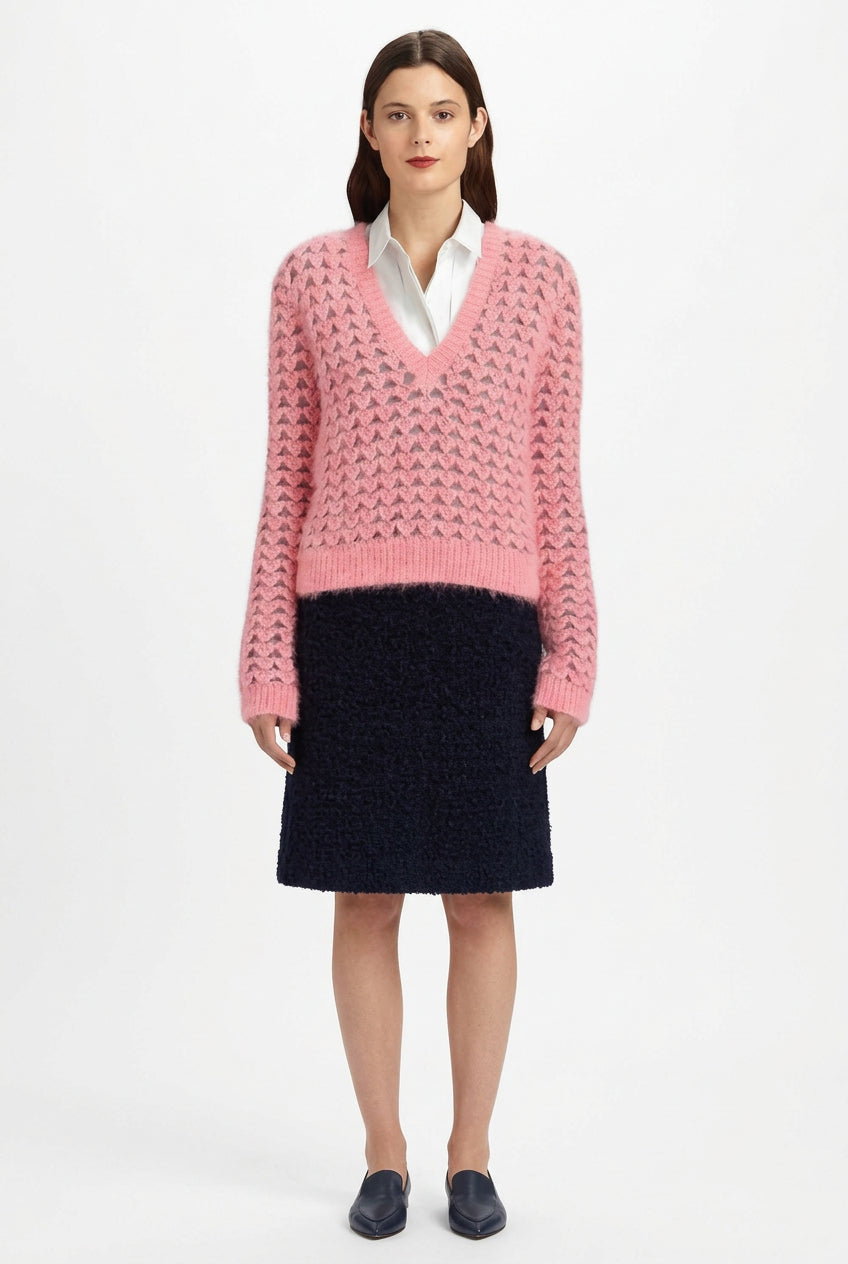Pringle of Scotland Chunky Pink Angora V Neck Jumper