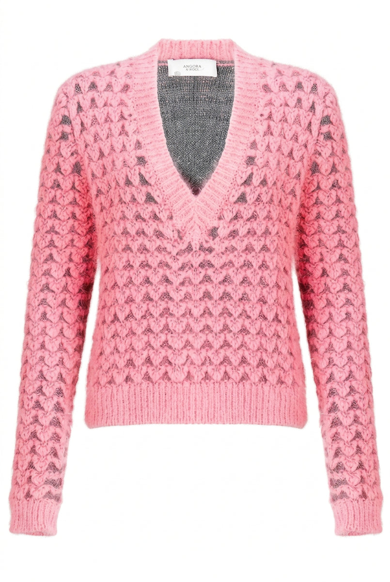 Pringle of Scotland Chunky Pink Angora V Neck Jumper