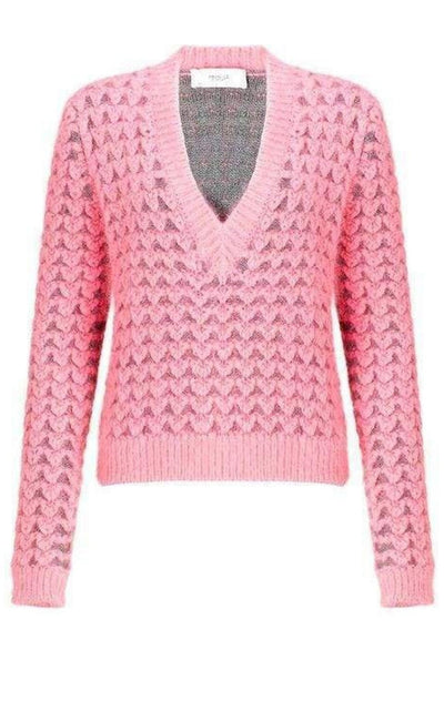 Pringle of Scotland Chunky Pink Angora V Neck Jumper - Runway Catalog
