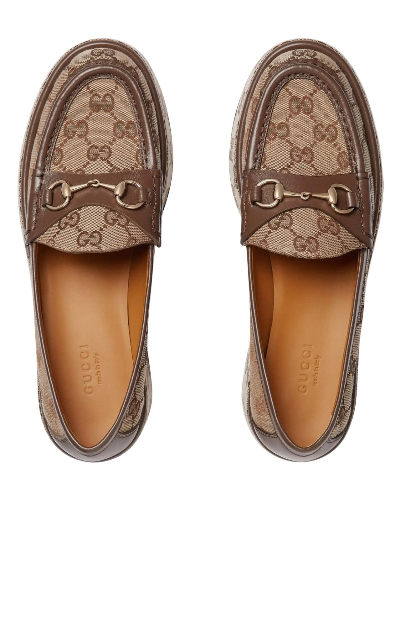 Runway Catalog Gucci Horsebit Wedge Loafers in Beige Ebony GG Canvas with Gold Hardware - Runway Catalog