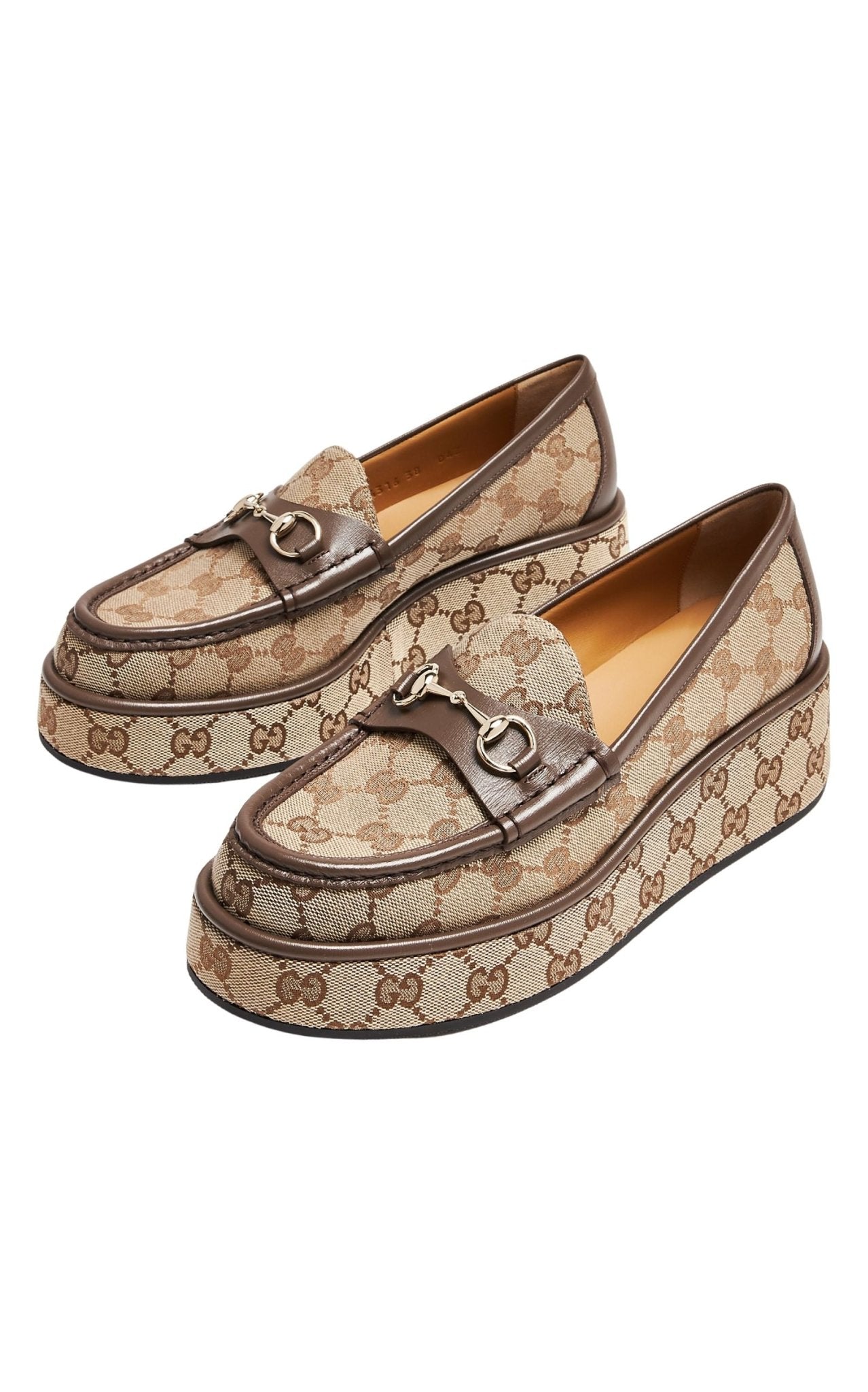 Runway Catalog Gucci Horsebit Wedge Loafers in Beige Ebony GG Canvas with Gold Hardware - Runway Catalog