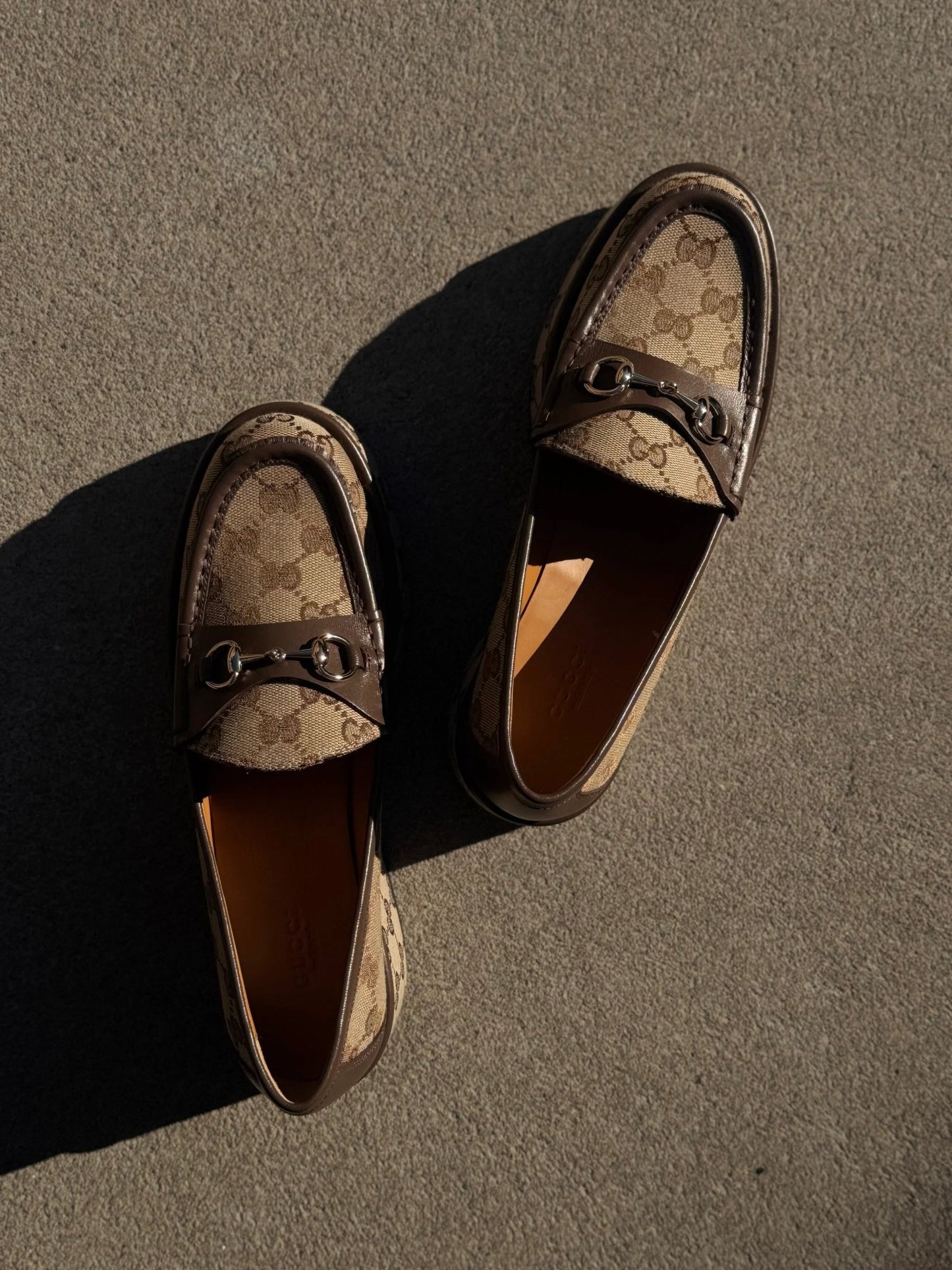 Runway Catalog Gucci Horsebit Wedge Loafers in Beige Ebony GG Canvas with Gold Hardware - Runway Catalog