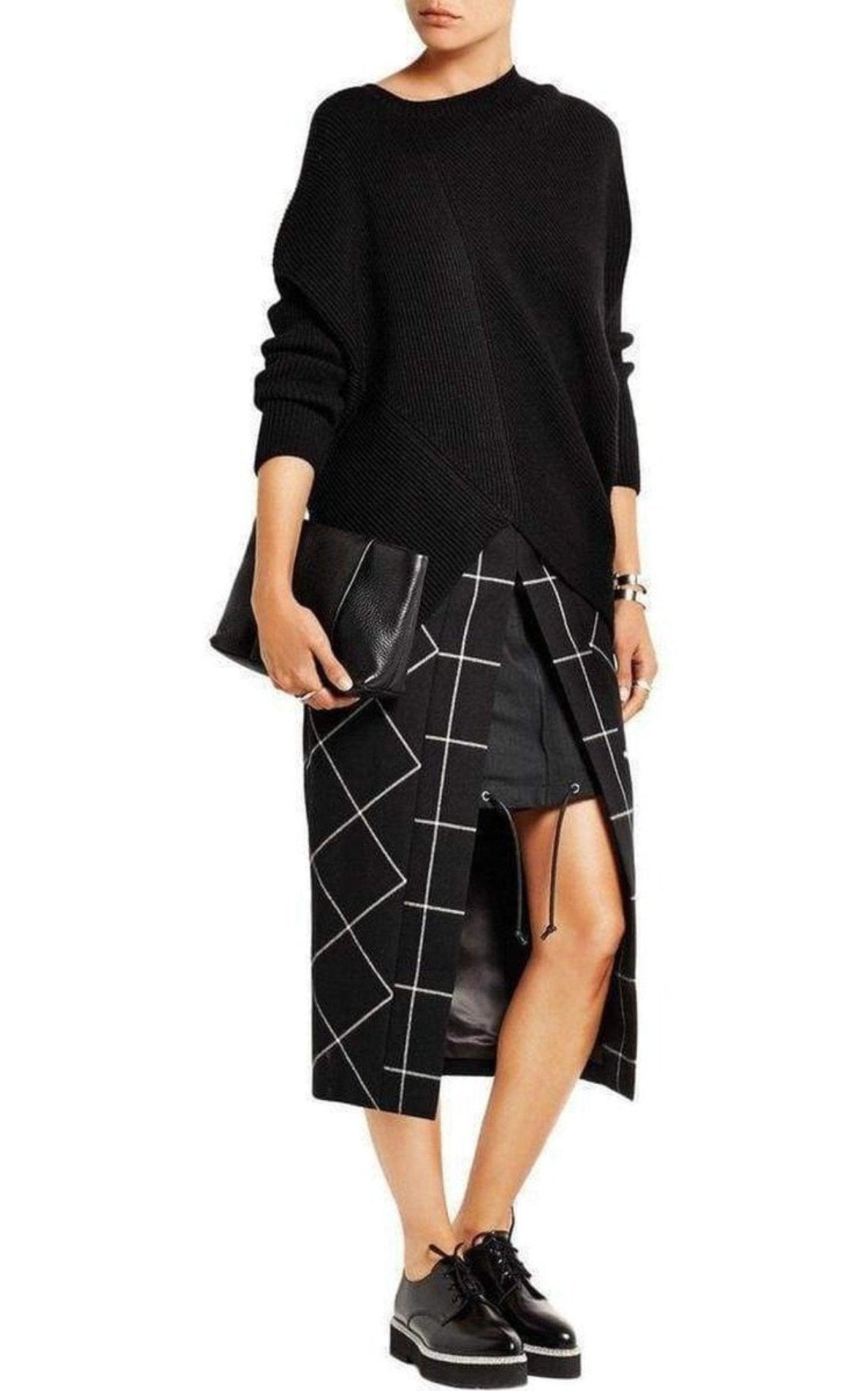 Sacai Cotton Twill - Paneled Checked Wool Skirt - Runway Catalog