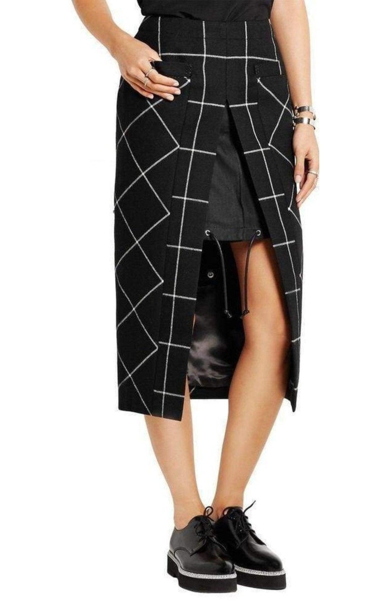 Sacai Cotton Twill - Paneled Checked Wool Skirt - Runway Catalog