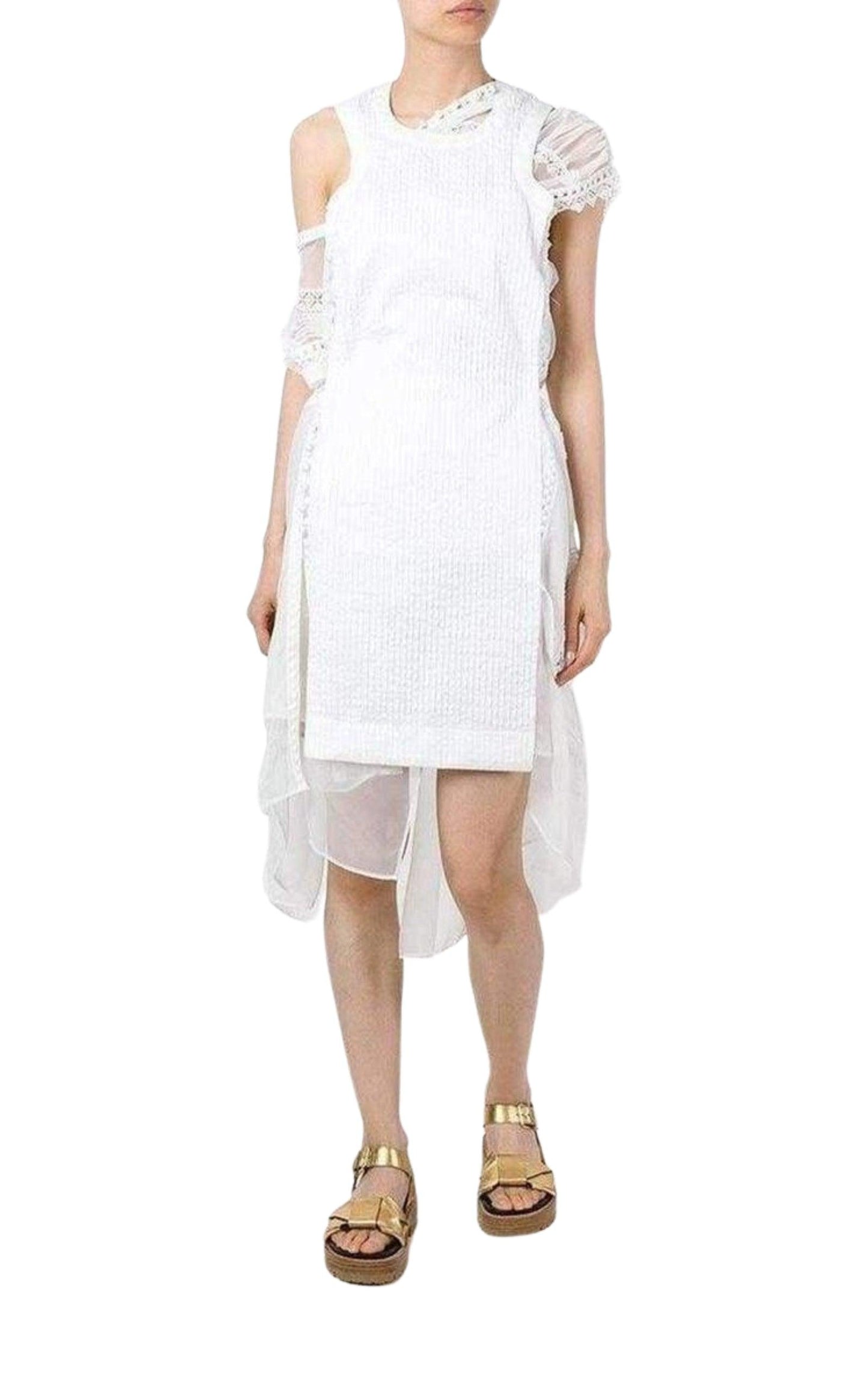 Lace Trim White Seersucker Dress Sacai