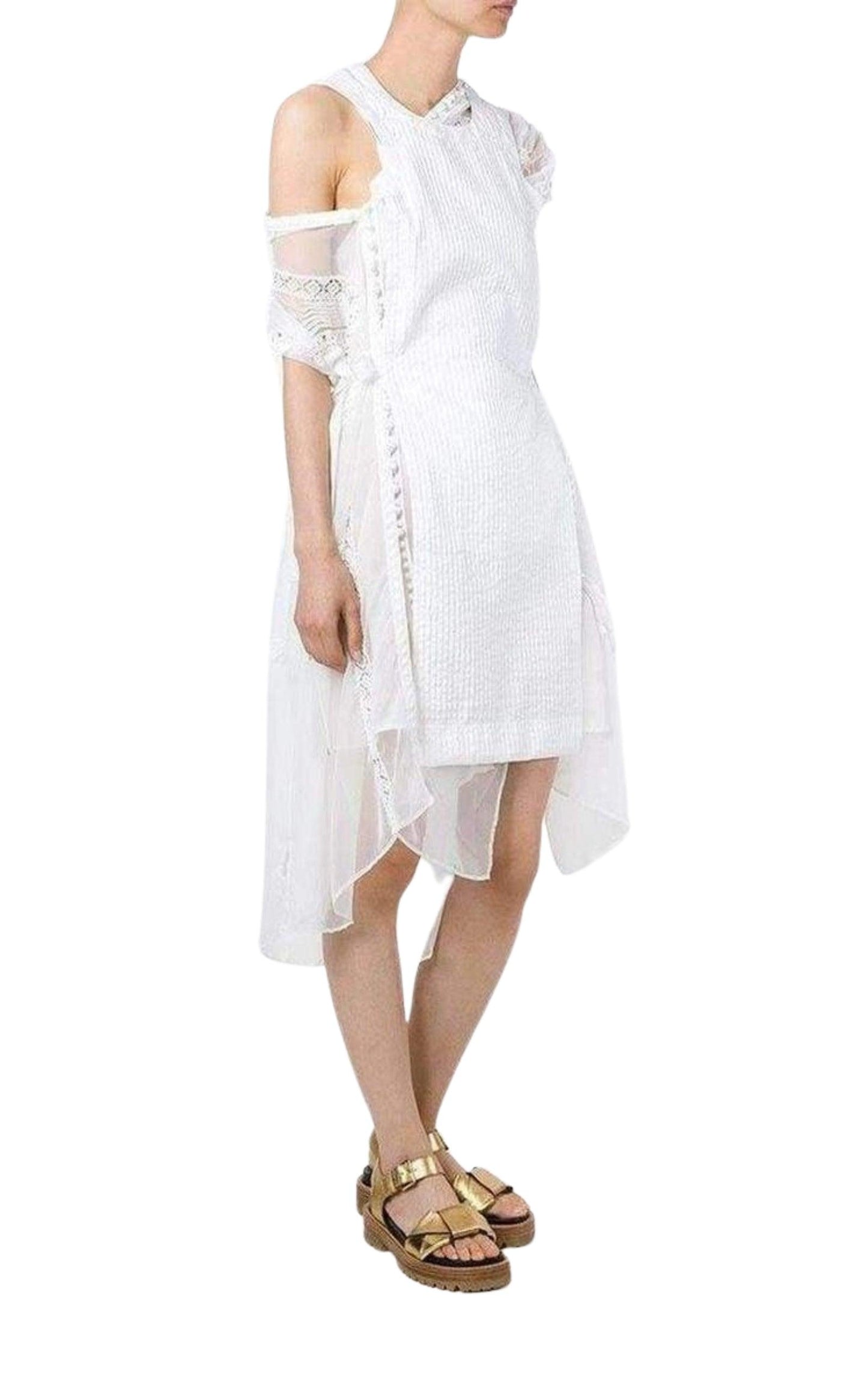 Lace Trim White Seersucker Dress Sacai