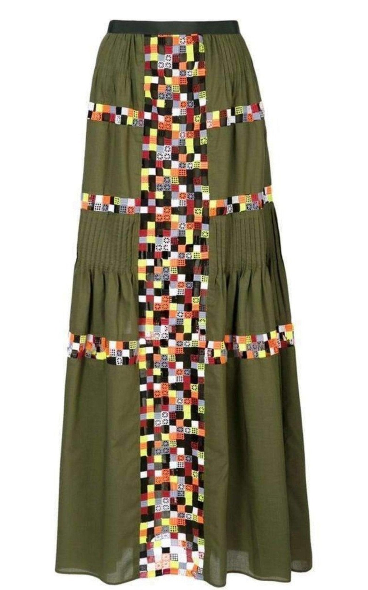 Sacai Military Green Embroidered Long Skirt - Runway Catalog