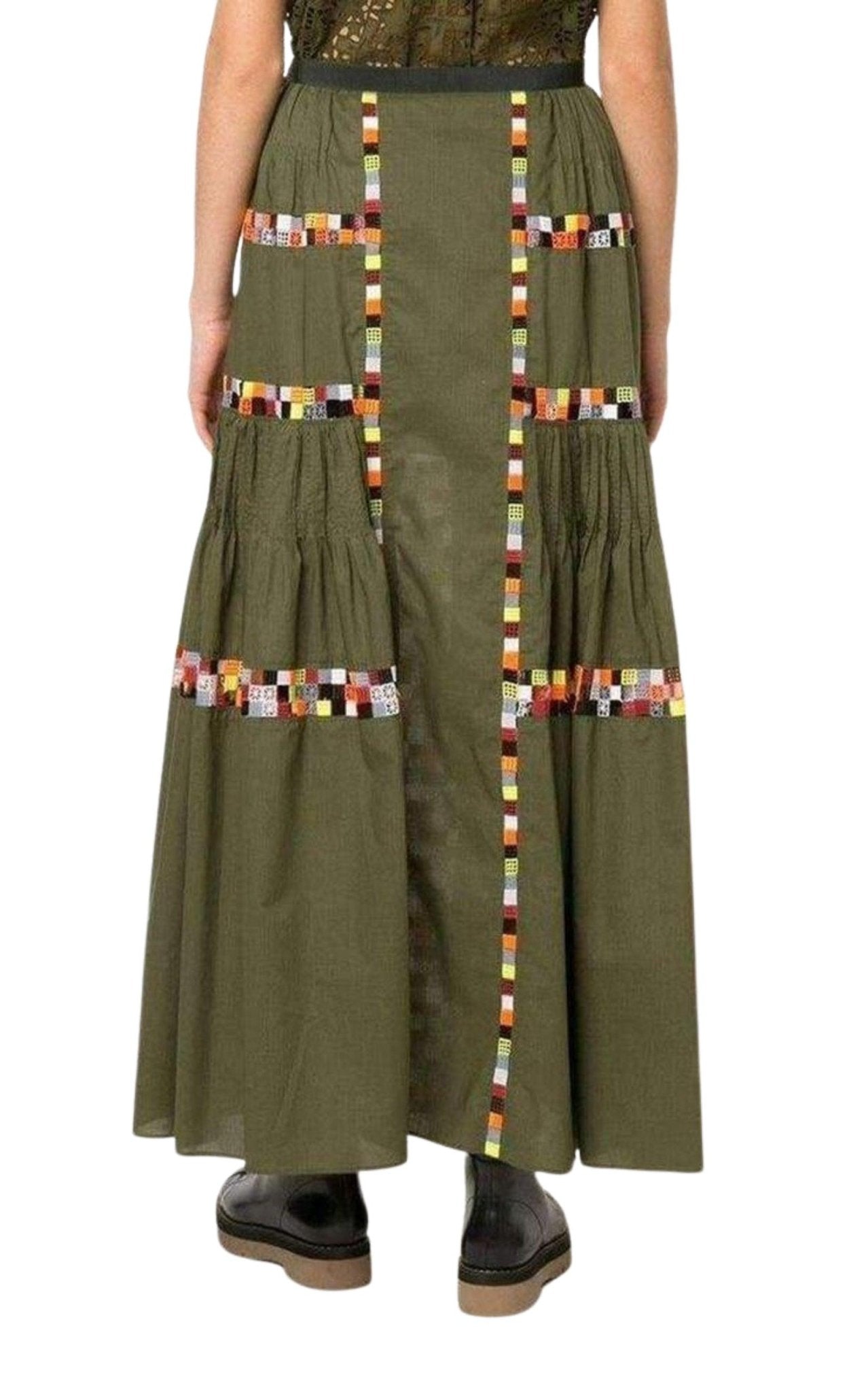 Sacai Military Green Embroidered Long Skirt - Runway Catalog