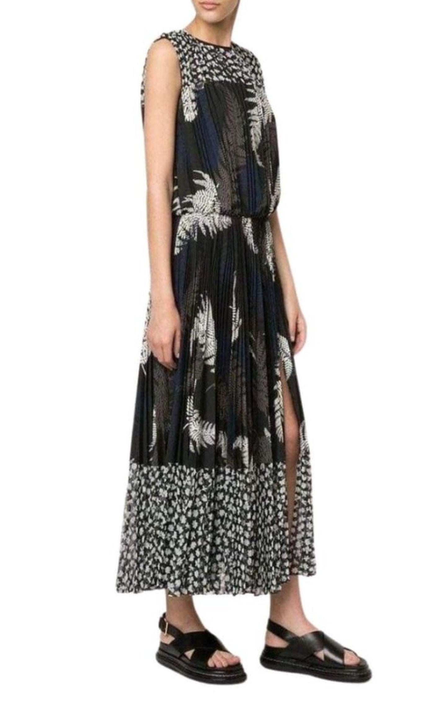 Mixed Print Pleated Maxi Dress Sacai