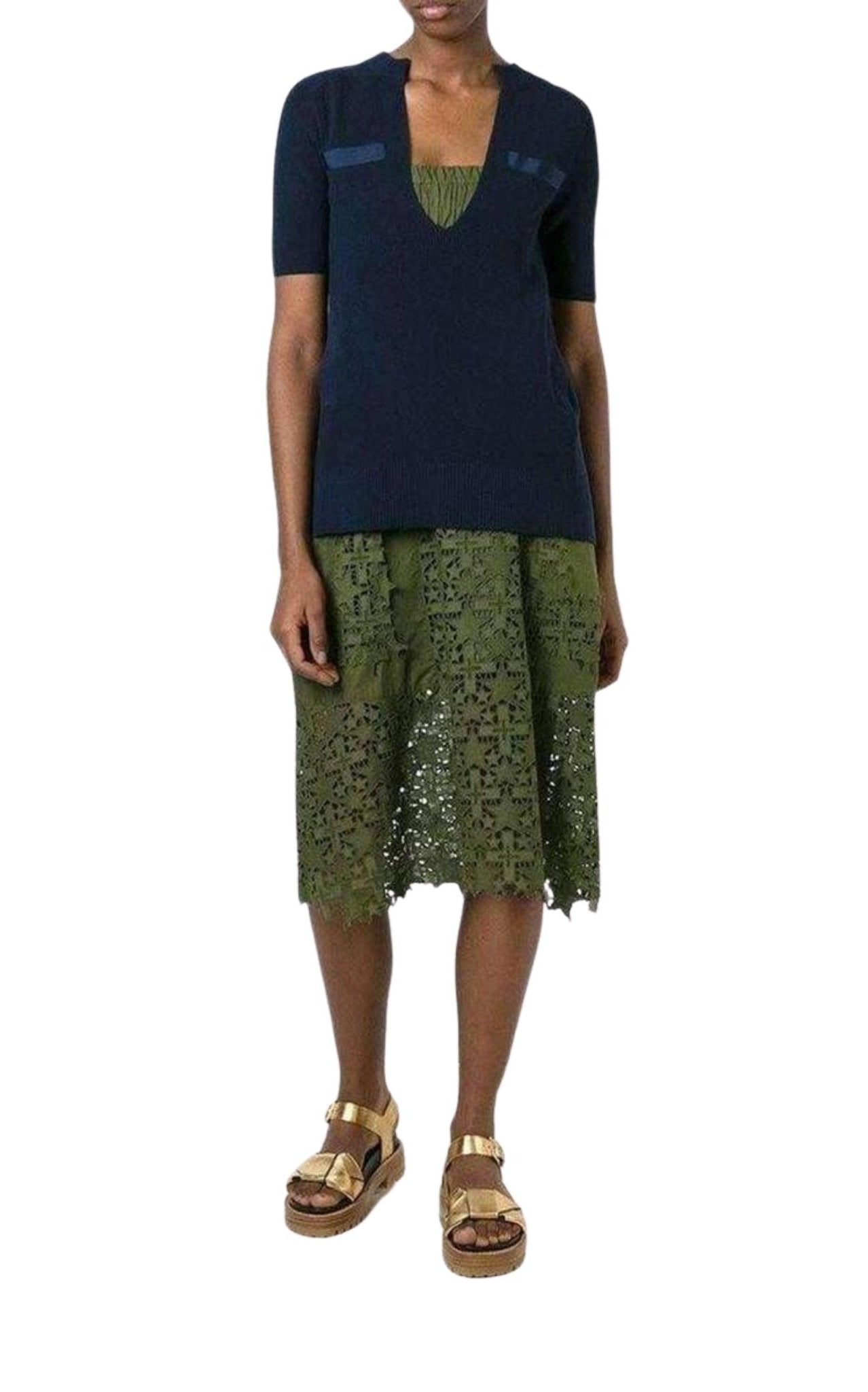 Sacai Sweater Top Green Embroidered Dress - Runway Catalog