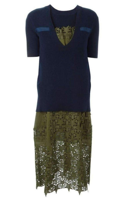 Sacai Sweater Top Green Embroidered Dress - Runway Catalog