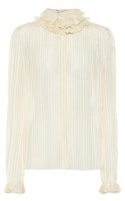 Ivory Ruffle-collar Striped Silk Shirt Saint Laurent