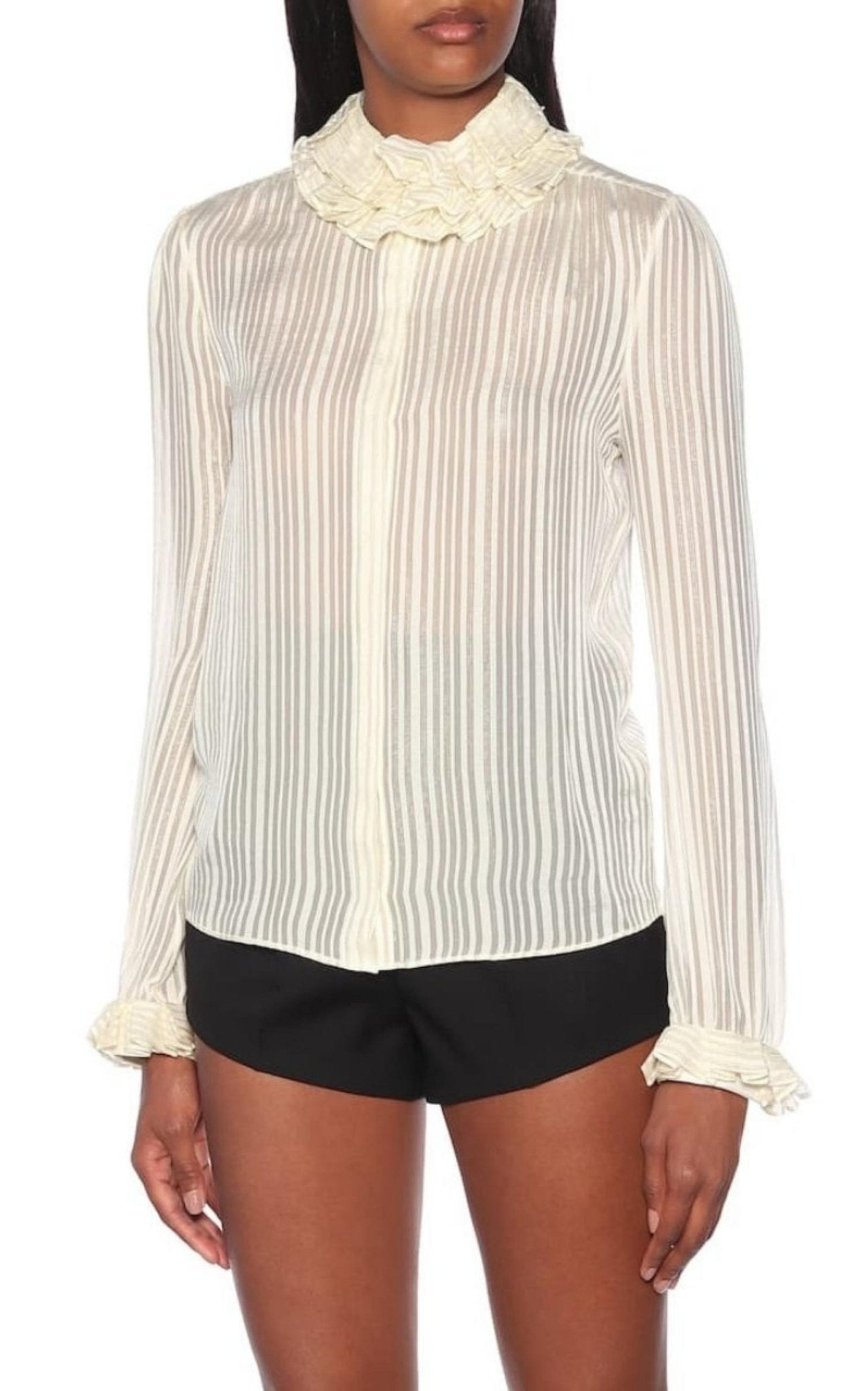 Saint Laurent Ivory Ruffle - collar Striped Silk Shirt - Runway Catalog