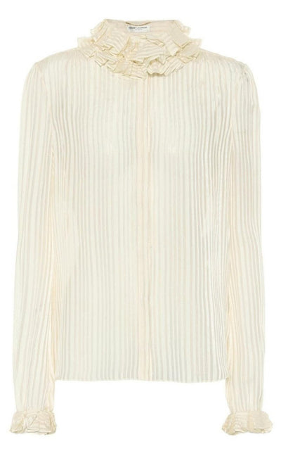 Saint Laurent Ivory Ruffle - collar Striped Silk Shirt - Runway Catalog