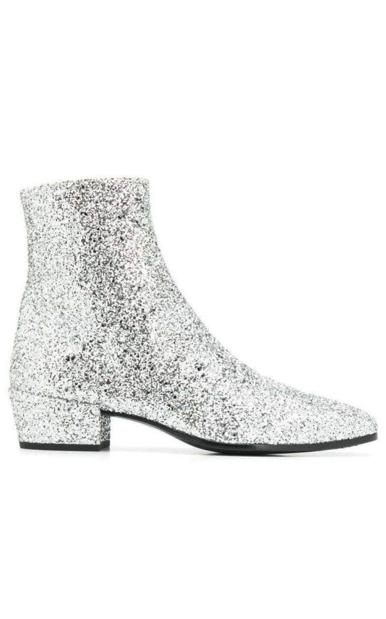 Saint Laurent SIlver Glittler Ankle Boots - Runway Catalog