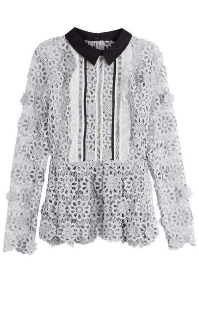 Self - Portrait Ice Grey 3D Floral Guipure Lace Shirt - Runway Catalog