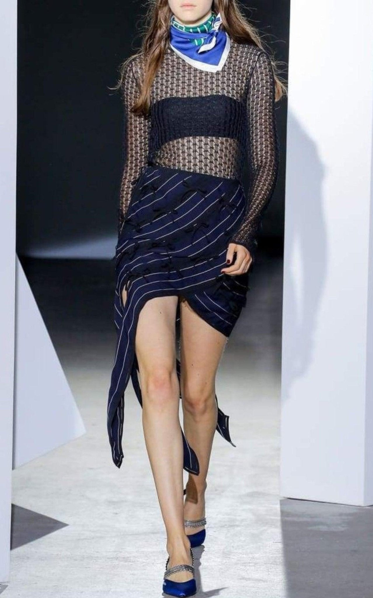 Self - Portrait Pinstripe Ribbon Asymmetric Panelled Mini Skirt - Runway Catalog