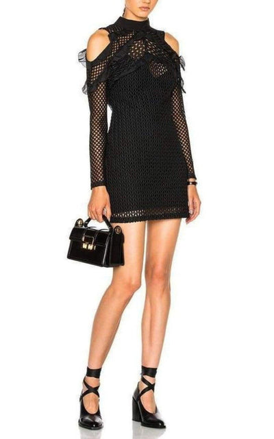 Self - Portrait Purl Knit Lace Cut - out Shoulder Dress - Runway Catalog