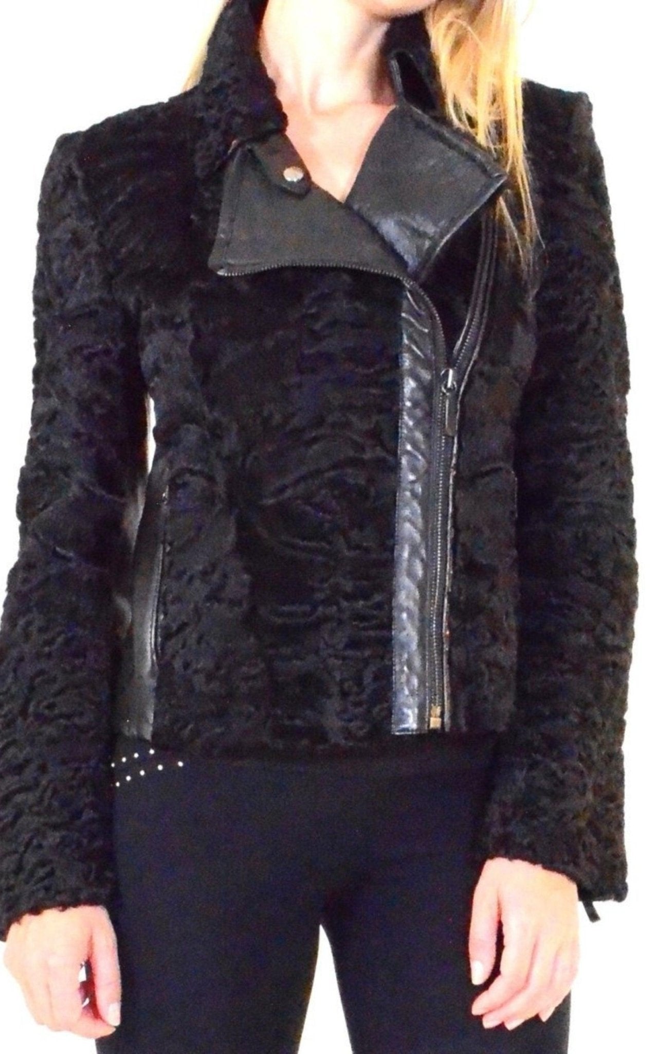 Valentino Black Astrakhan Lamb Fur Karakul Biker Jacket - Runway Catalog