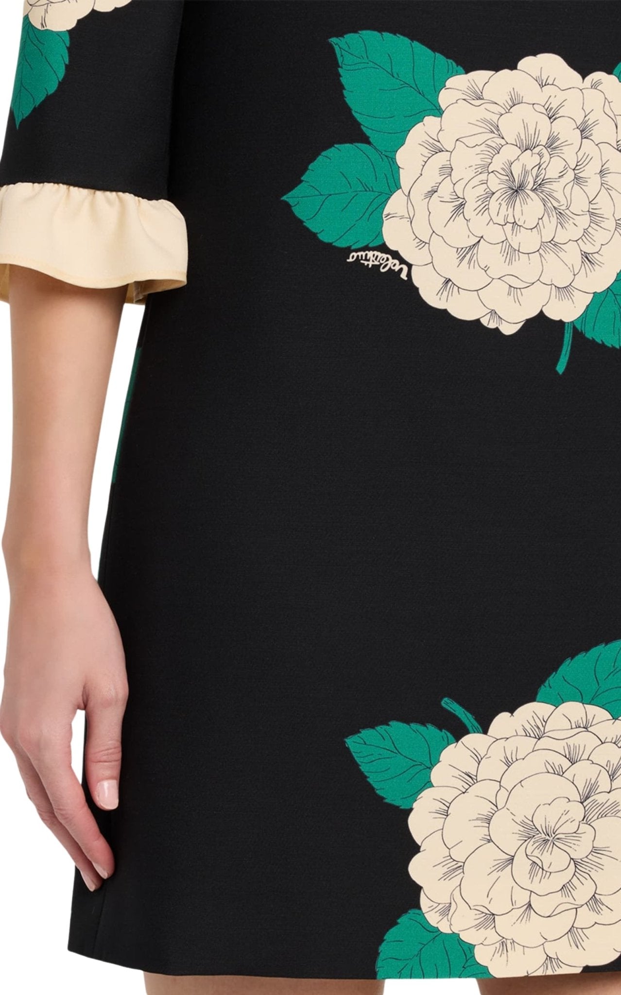 Valentino Crepe Couture floral minidress with high neckline, bow detail, three-quarter sleeves, and ruffled cuffs, front view