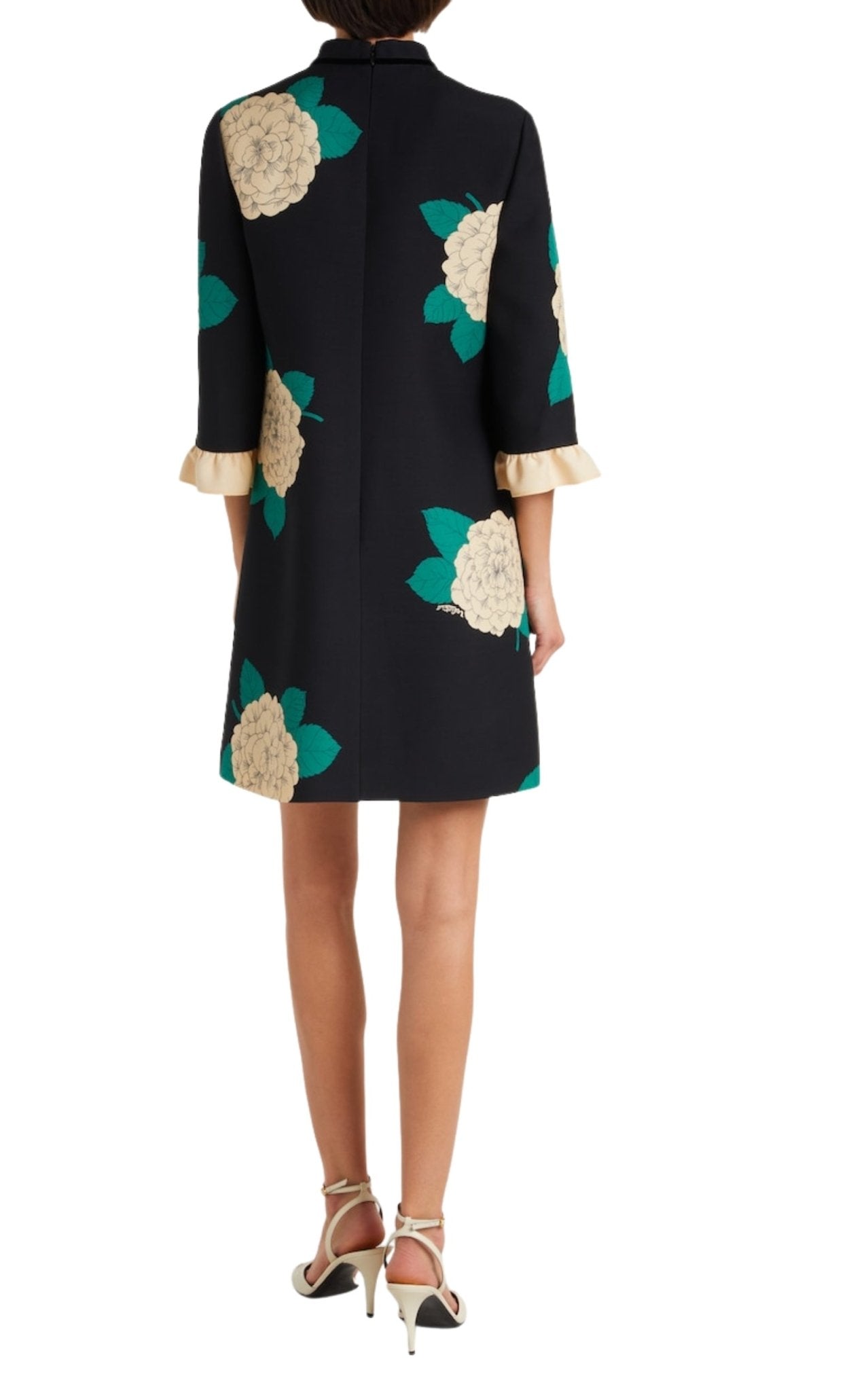 Valentino Crepe Couture floral minidress with high neckline, bow detail, three-quarter sleeves, and ruffled cuffs, front view