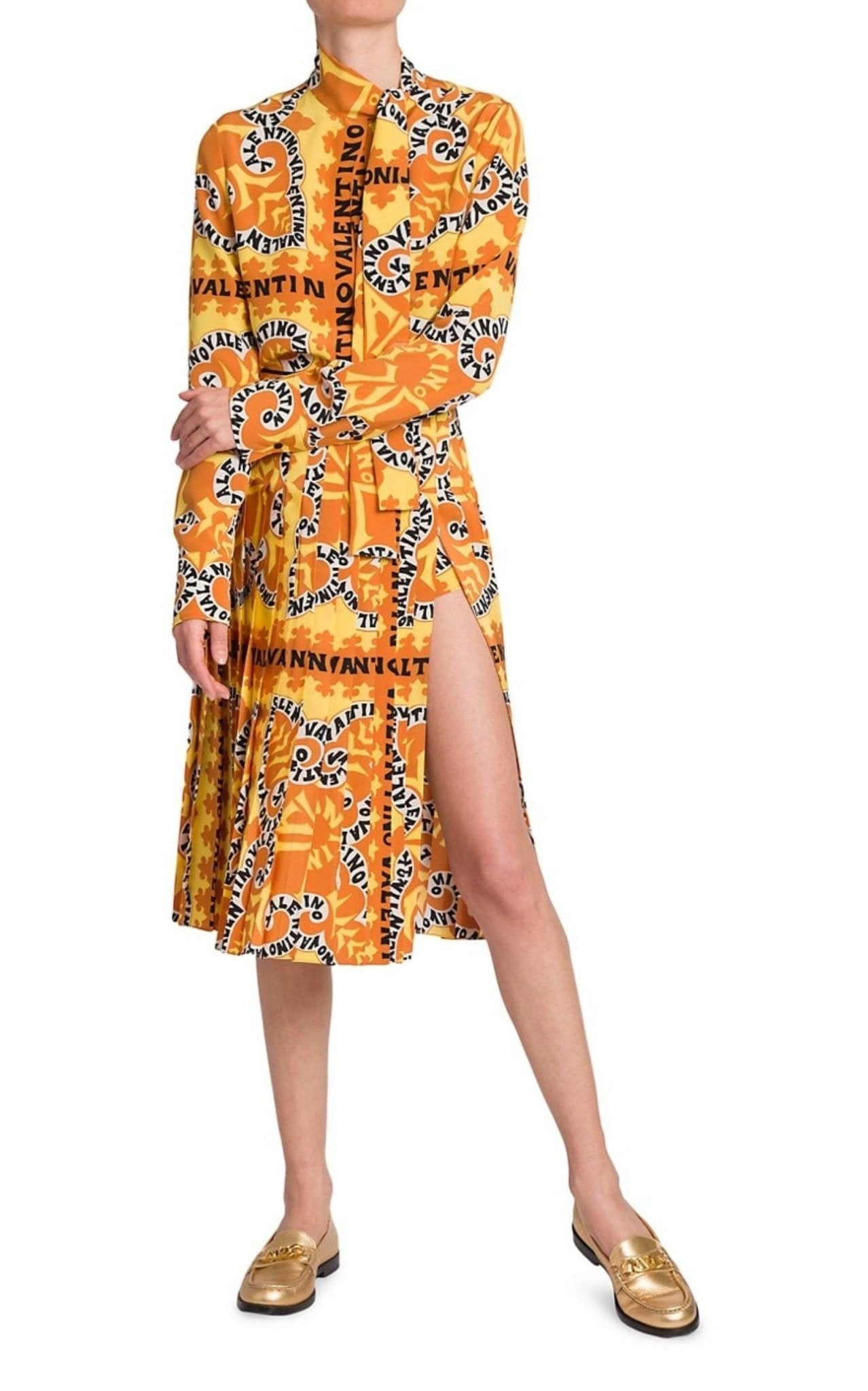 Valentino Pleated Logo Print Silk Midi Skirt - Runway Catalog