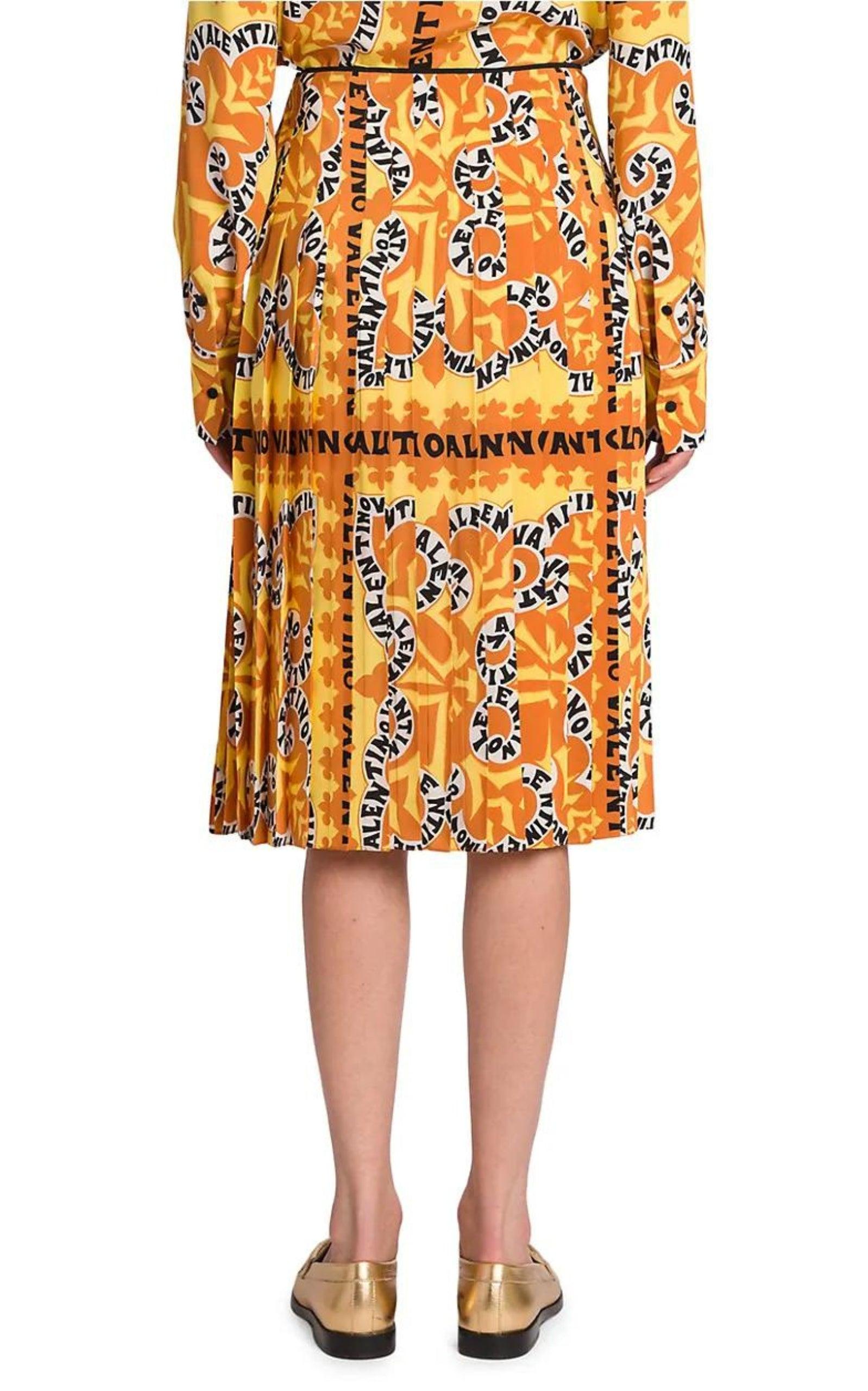 Pleated Logo Print Silk Midi Skirt Valentino