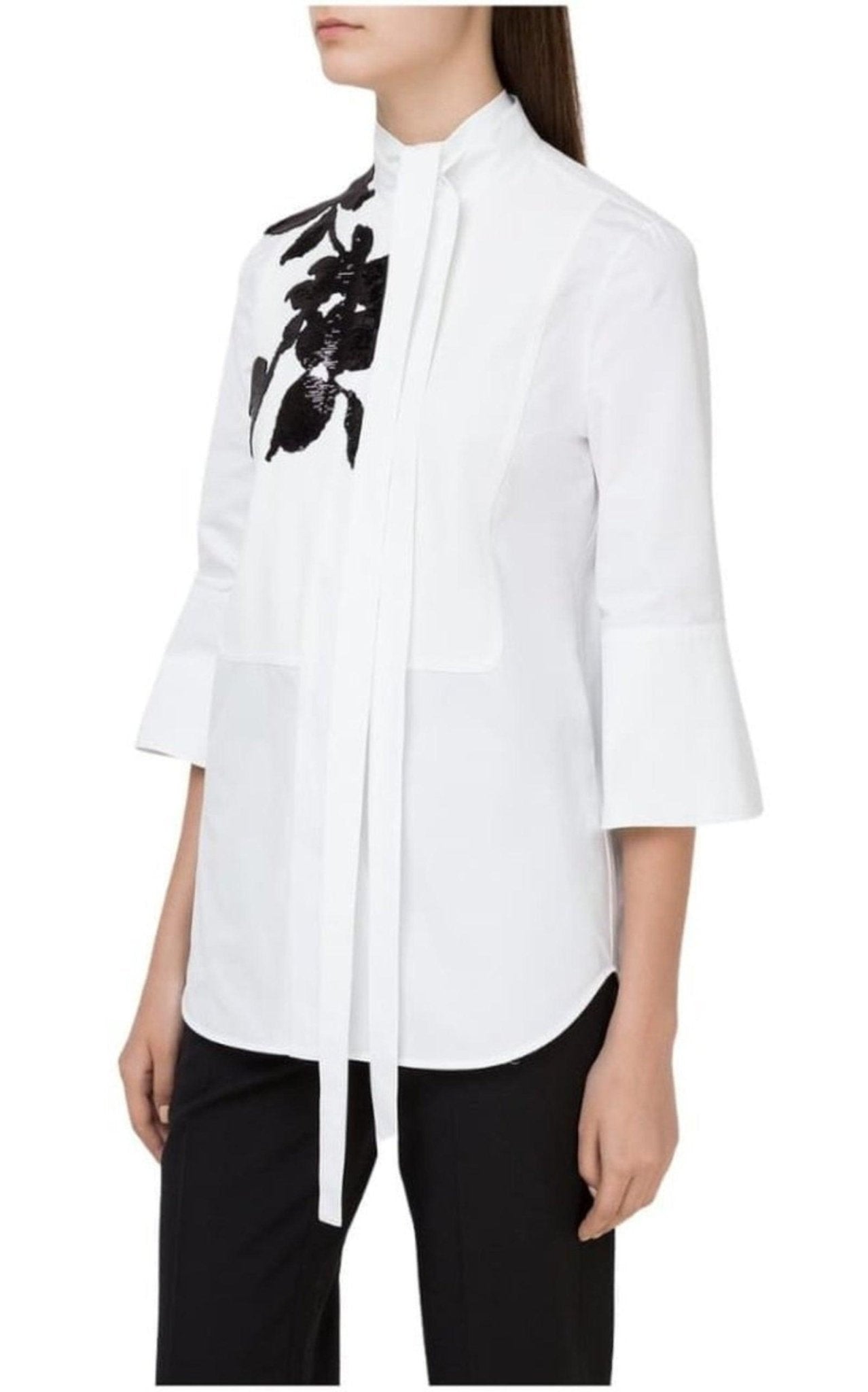 Valentino White Floral Embroidery Cotton Shirt with Tie - Runway Catalog
