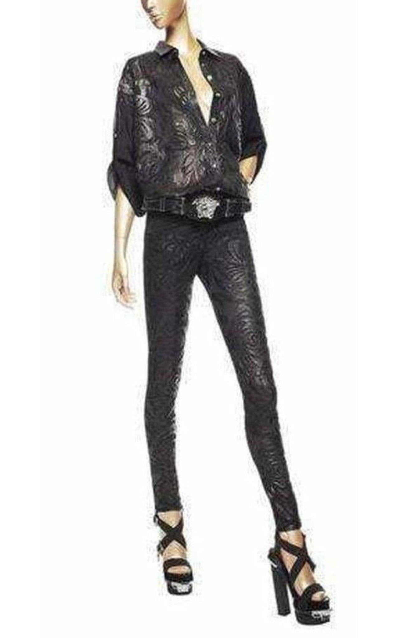 Versace Black Silk Cut - Out Leather Appliqué Shirt - Runway Catalog