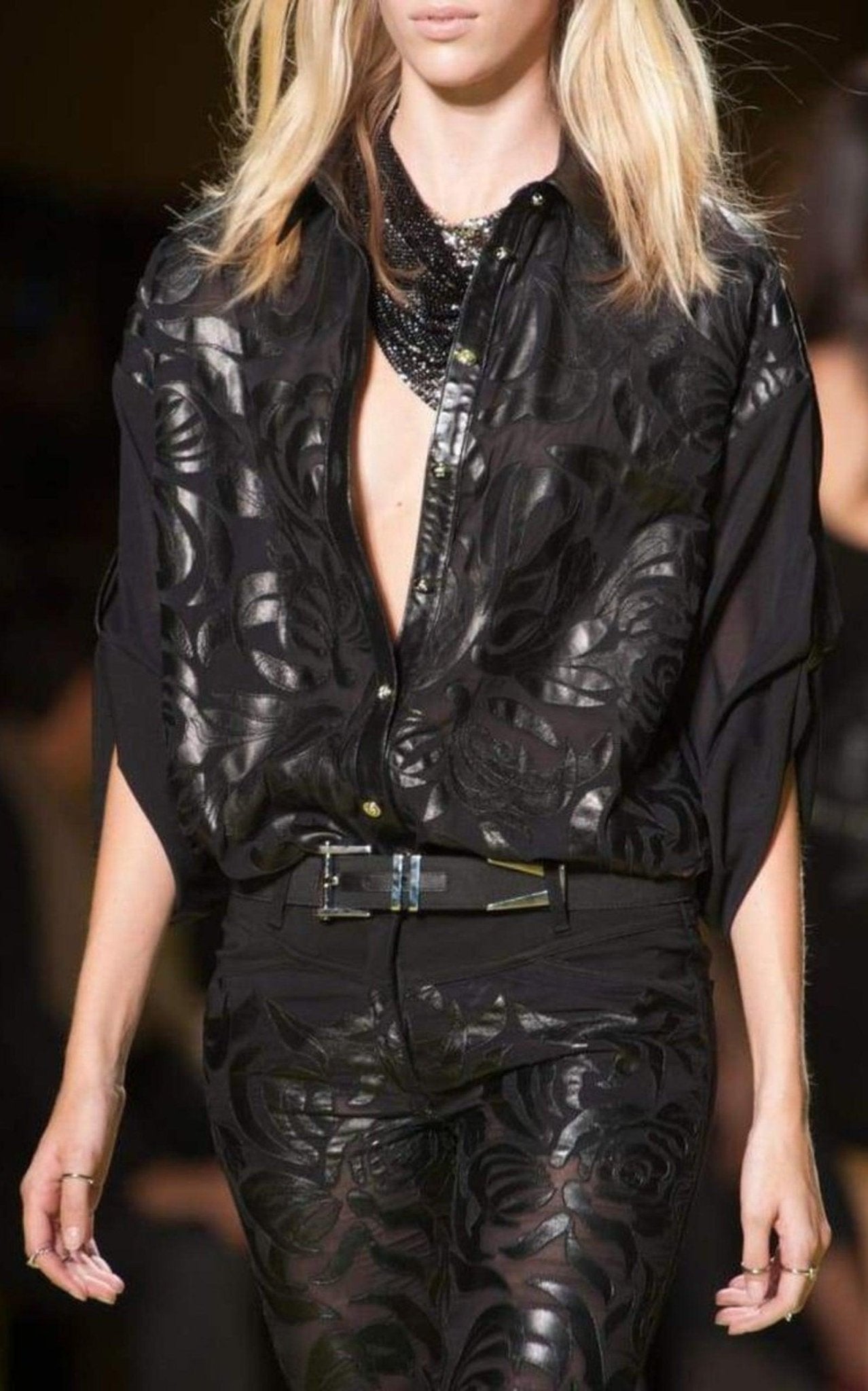Versace Black Silk Cut - Out Leather Appliqué Shirt - Runway Catalog
