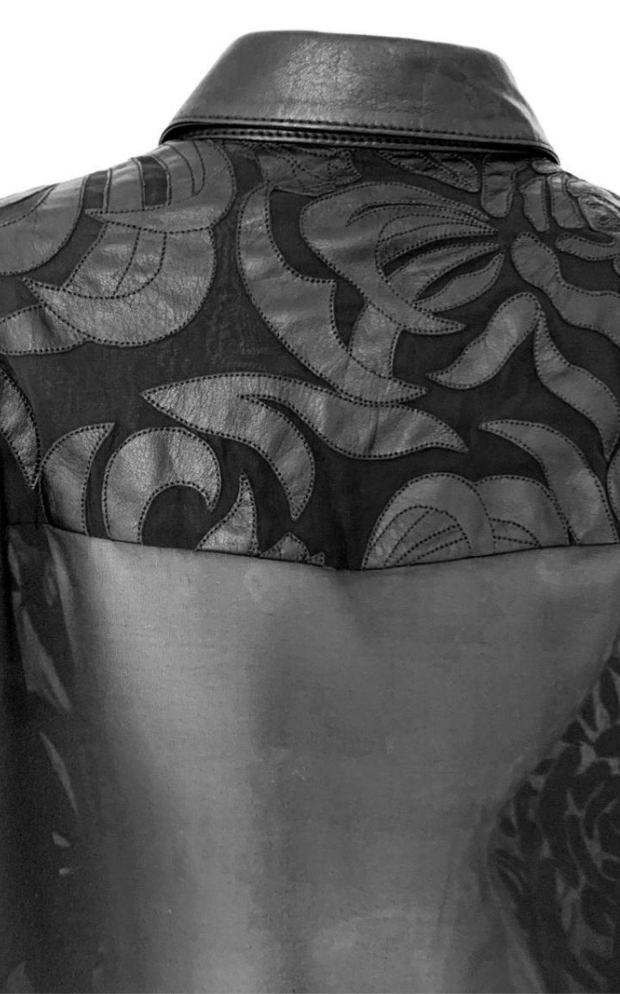 Versace Black Silk Cut - Out Leather Appliqué Shirt - Runway Catalog