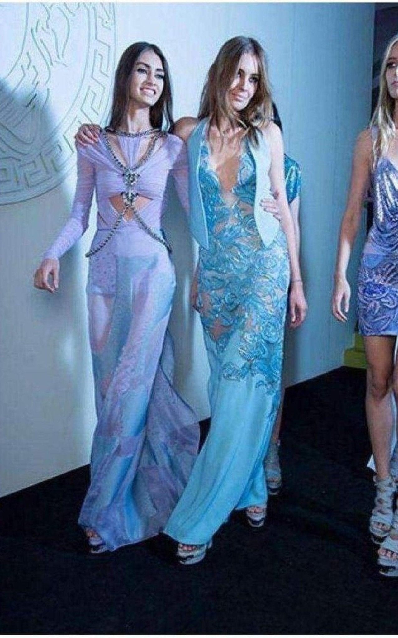 Versace Blue Formal Dress Leather Lace Cutout V Neckline Fitted Leg Split - Runway Catalog