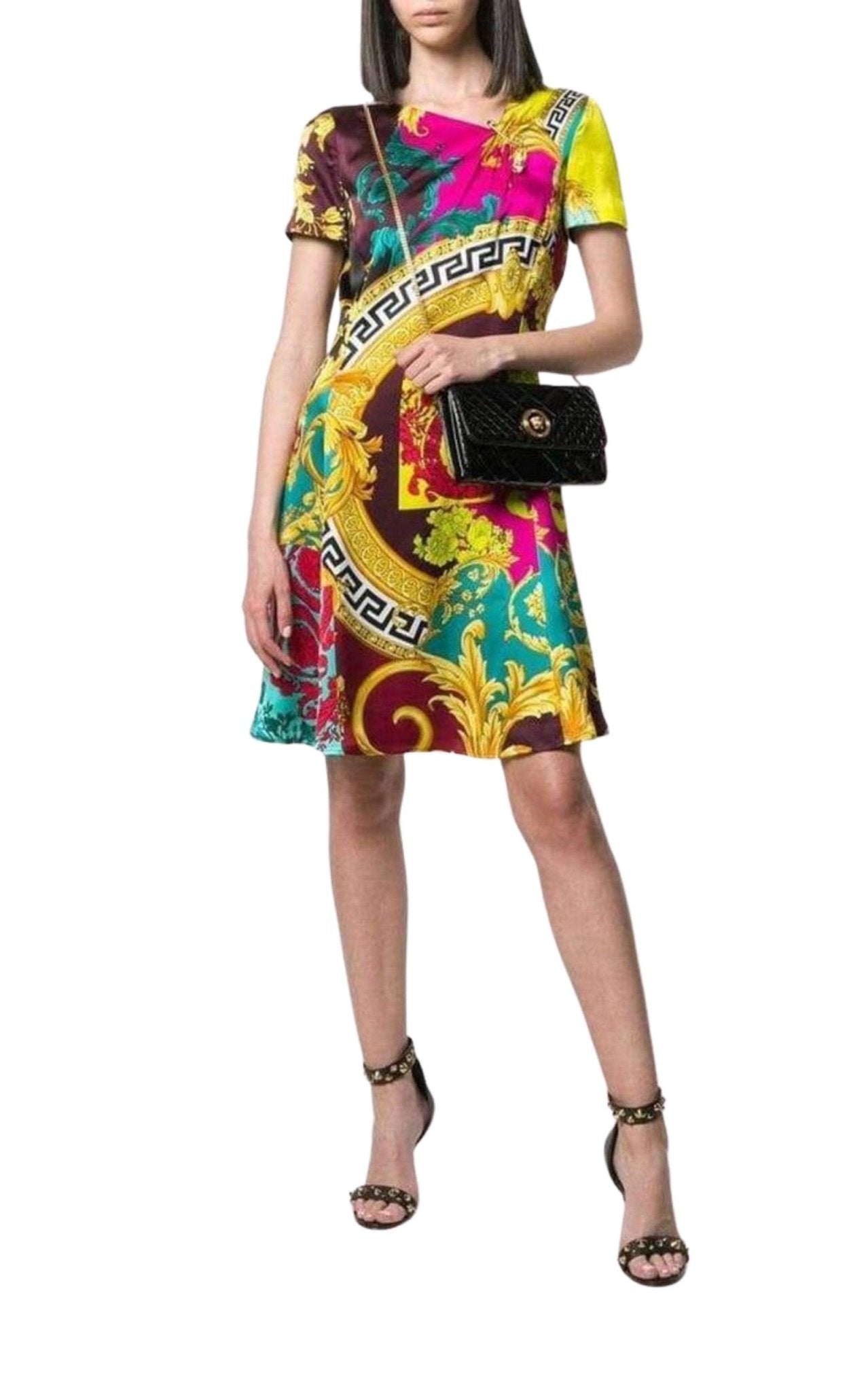 Versace Short - Sleeve Multicolored Silk Dress - Runway Catalog